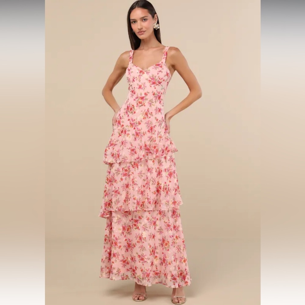 NWT 🏷️ Lulus Laurette Pink Floral Tiered Sleeveless Maxi Dress